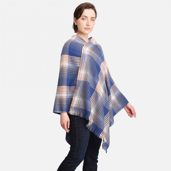 Blue White Multicolor Plaid Poncho - Picture 2 of 5